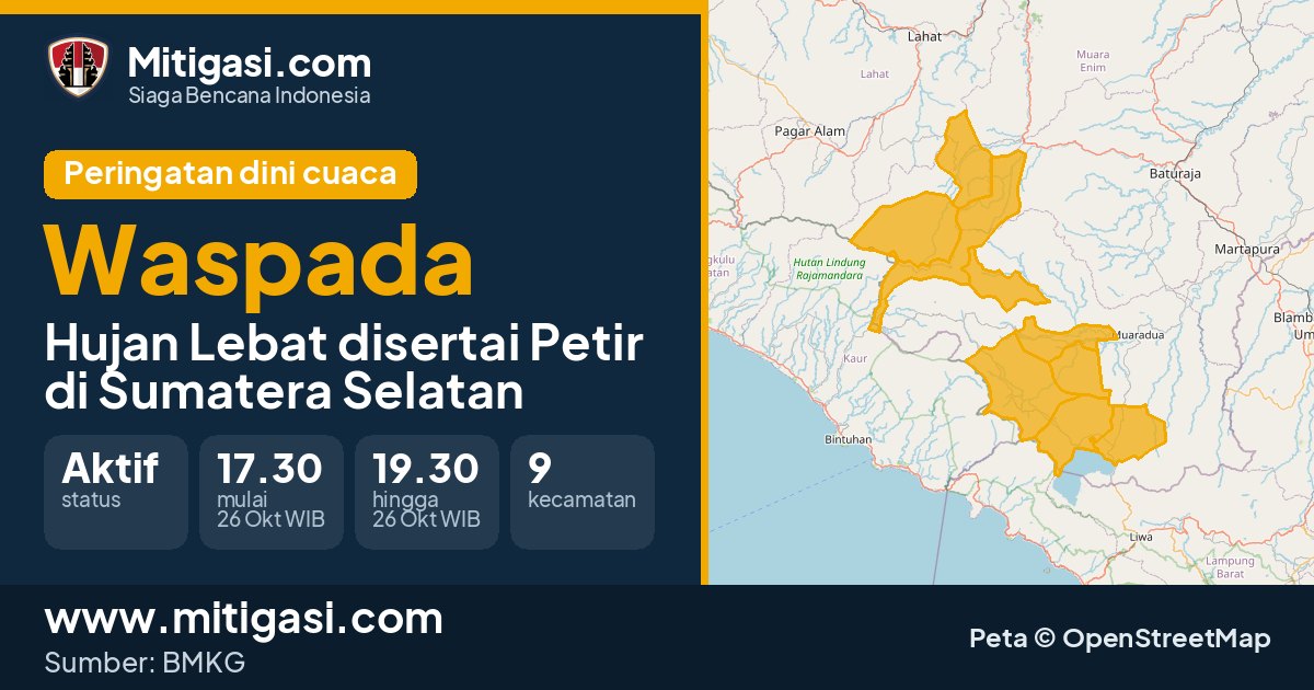 Peringatan dini cuaca BMKG tingkat Waspada di Sumatera Selatan. (Mitigasi.com/data BMKG)