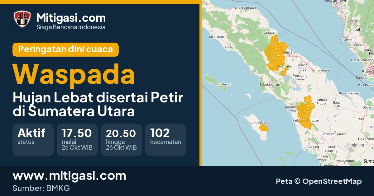 Peringatan dini cuaca BMKG tingkat Waspada di Sumatera Utara. (Mitigasi.com/data BMKG)