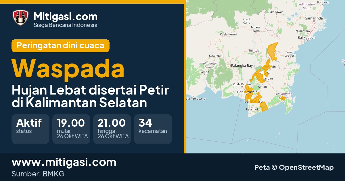 Peringatan dini cuaca BMKG tingkat Waspada di Kalimantan Selatan. (Mitigasi.com/data BMKG)