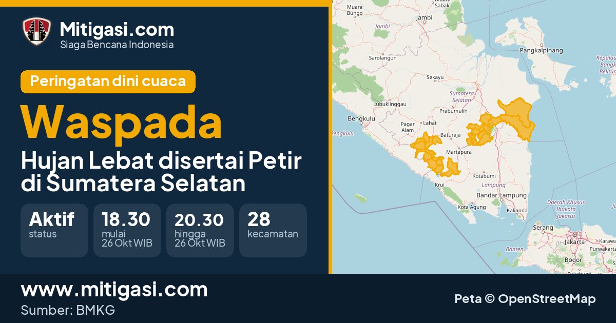 Peringatan dini cuaca BMKG tingkat Waspada di Sumatera Selatan. (Mitigasi.com/data BMKG)