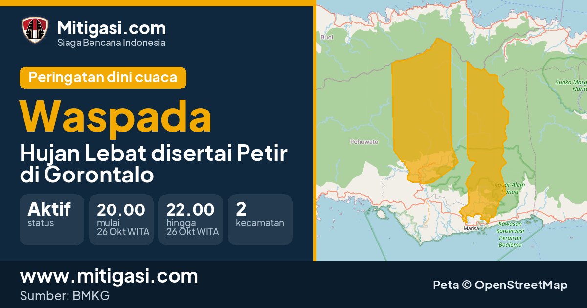 Peringatan dini cuaca BMKG tingkat Waspada di Gorontalo. (Mitigasi.com/data BMKG)