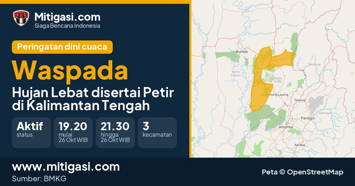 Peringatan dini cuaca BMKG tingkat Waspada di Kalimantan Tengah. (Mitigasi.com/data BMKG)