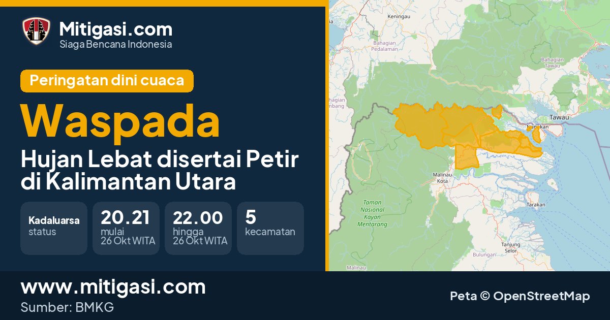 Peringatan dini cuaca BMKG tingkat Waspada di Kalimantan Utara. (Mitigasi.com/data BMKG)