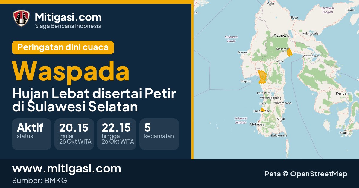 Peringatan dini cuaca BMKG tingkat Waspada di Sulawesi Selatan. (Mitigasi.com/data BMKG)