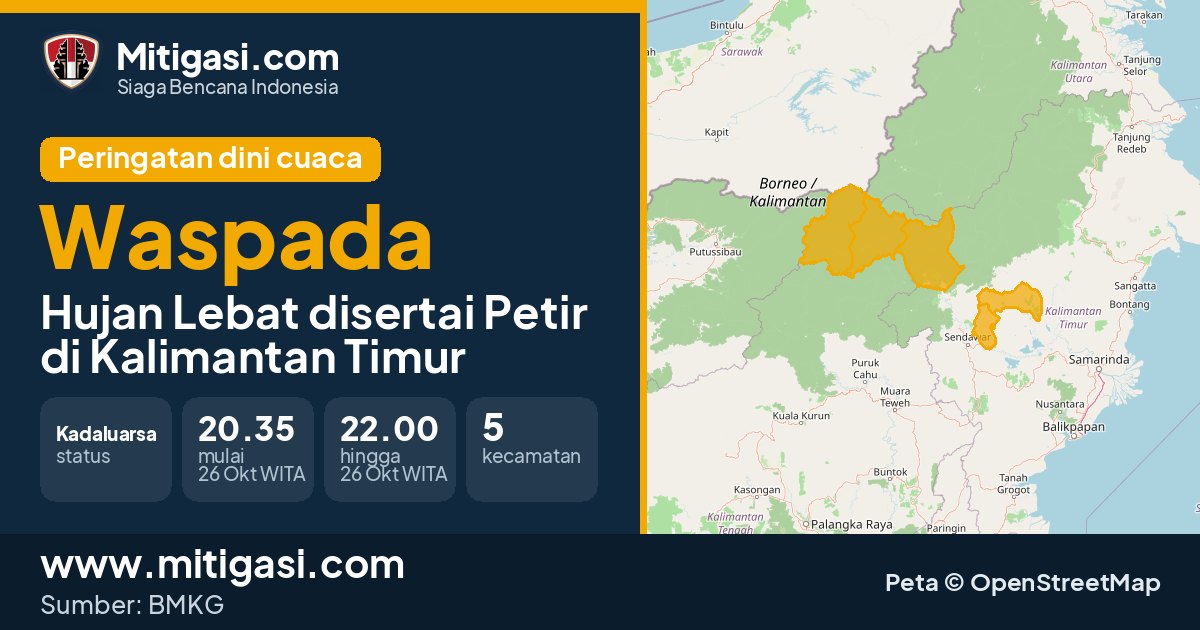 Peringatan dini cuaca BMKG tingkat Waspada di Kalimantan Timur. (Mitigasi.com/data BMKG)