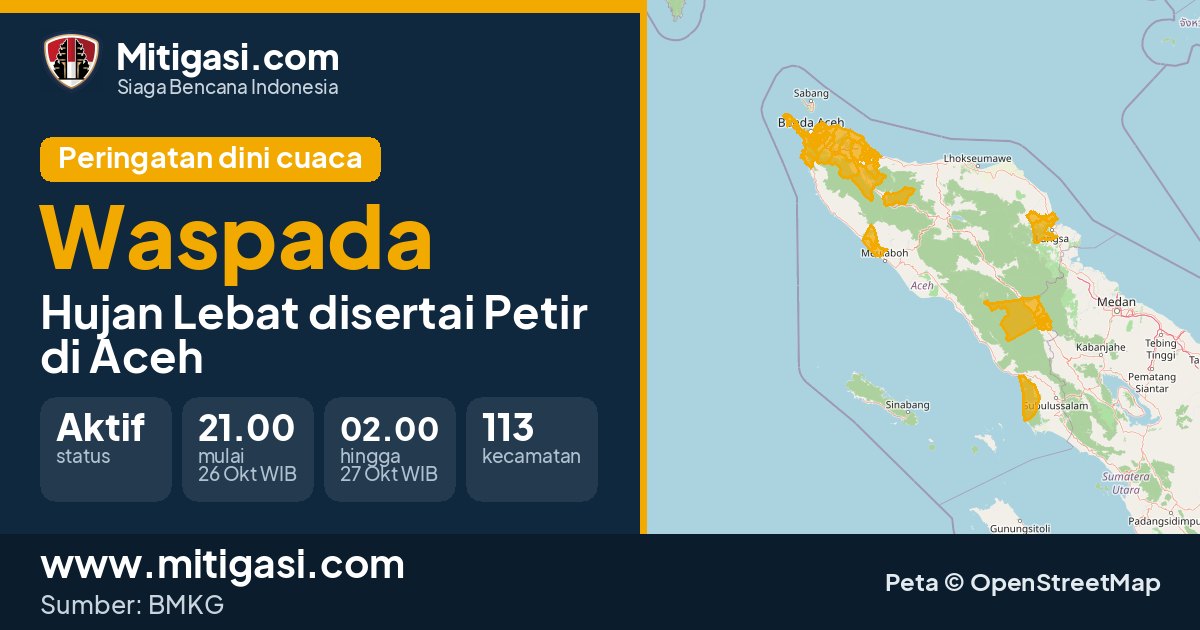 Peringatan dini cuaca BMKG tingkat Waspada di Aceh. (Mitigasi.com/data BMKG)