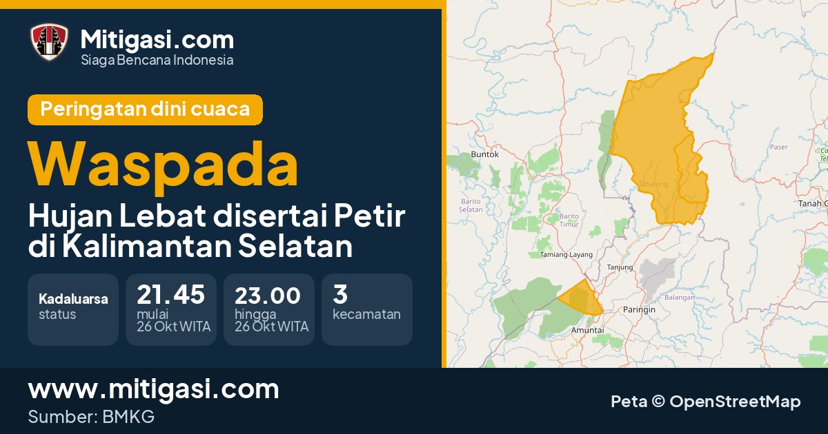 Peringatan dini cuaca BMKG tingkat Waspada di Kalimantan Selatan. (Mitigasi.com/data BMKG)