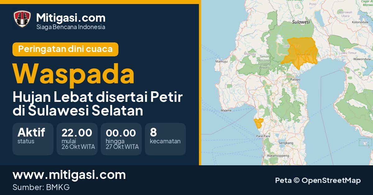 Peringatan dini cuaca BMKG tingkat Waspada di Sulawesi Selatan. (Mitigasi.com/data BMKG)