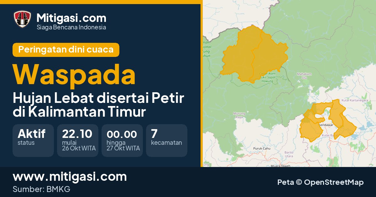 Peringatan dini cuaca BMKG tingkat Waspada di Kalimantan Timur. (Mitigasi.com/data BMKG)
