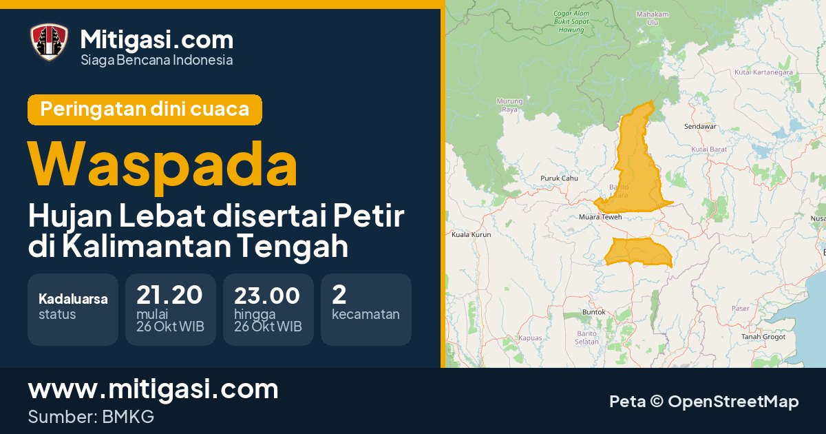 Peringatan dini cuaca BMKG tingkat Waspada di Kalimantan Tengah. (Mitigasi.com/data BMKG)