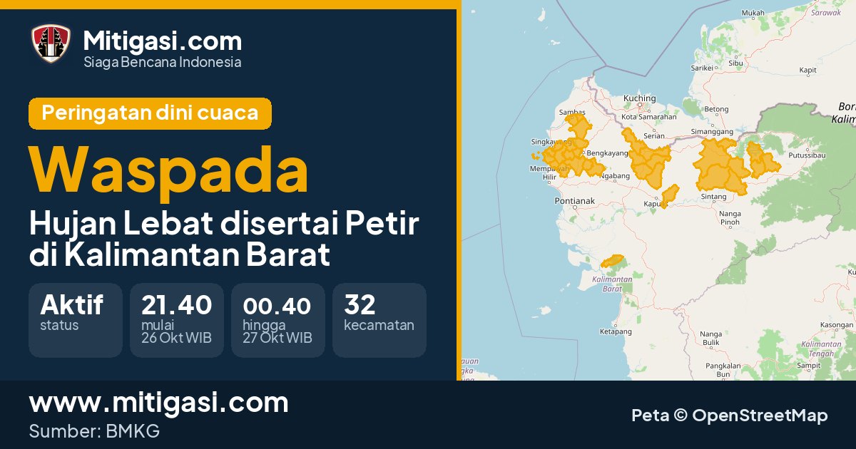 Peringatan dini cuaca BMKG tingkat Waspada di Kalimantan Barat. (Mitigasi.com/data BMKG)