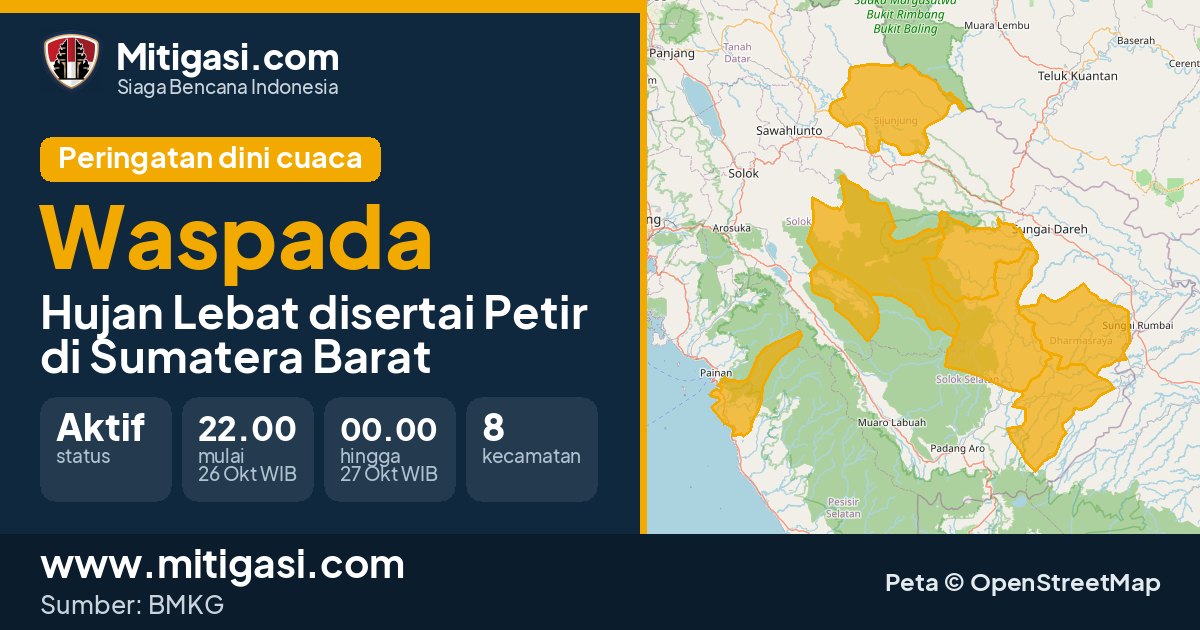 Peringatan dini cuaca BMKG tingkat Waspada di Sumatera Barat. (Mitigasi.com/data BMKG)