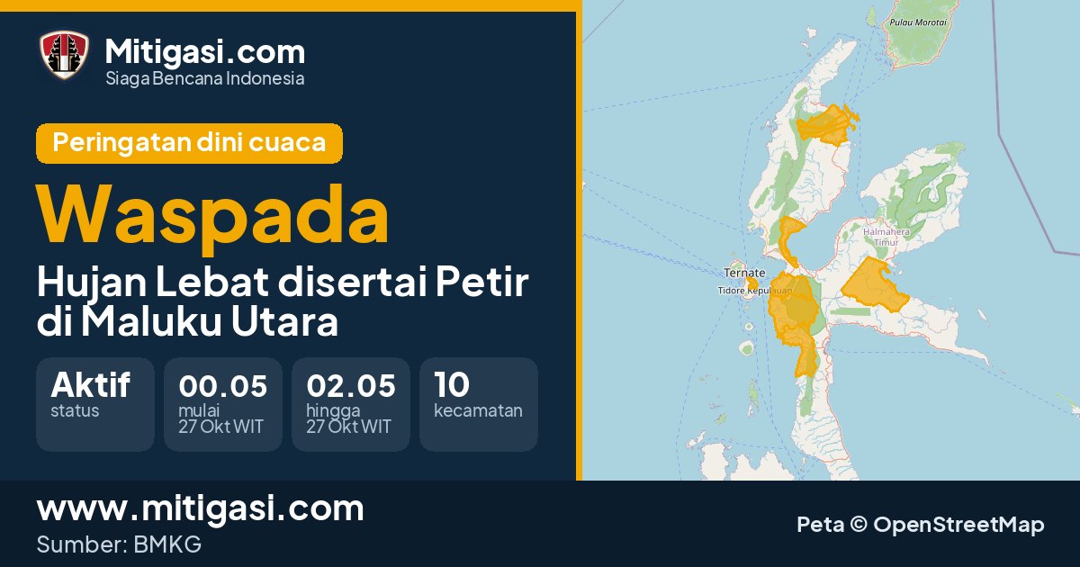 Peringatan dini cuaca BMKG tingkat Waspada di Maluku Utara. (Mitigasi.com/data BMKG)