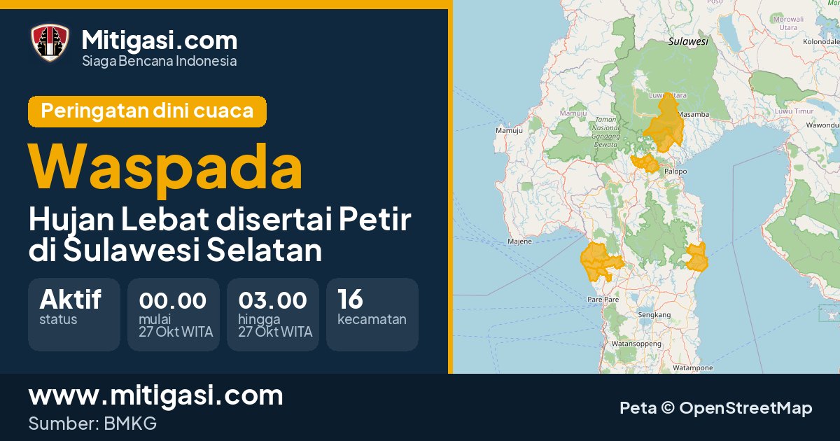 Peringatan dini cuaca BMKG tingkat Waspada di Sulawesi Selatan. (Mitigasi.com/data BMKG)