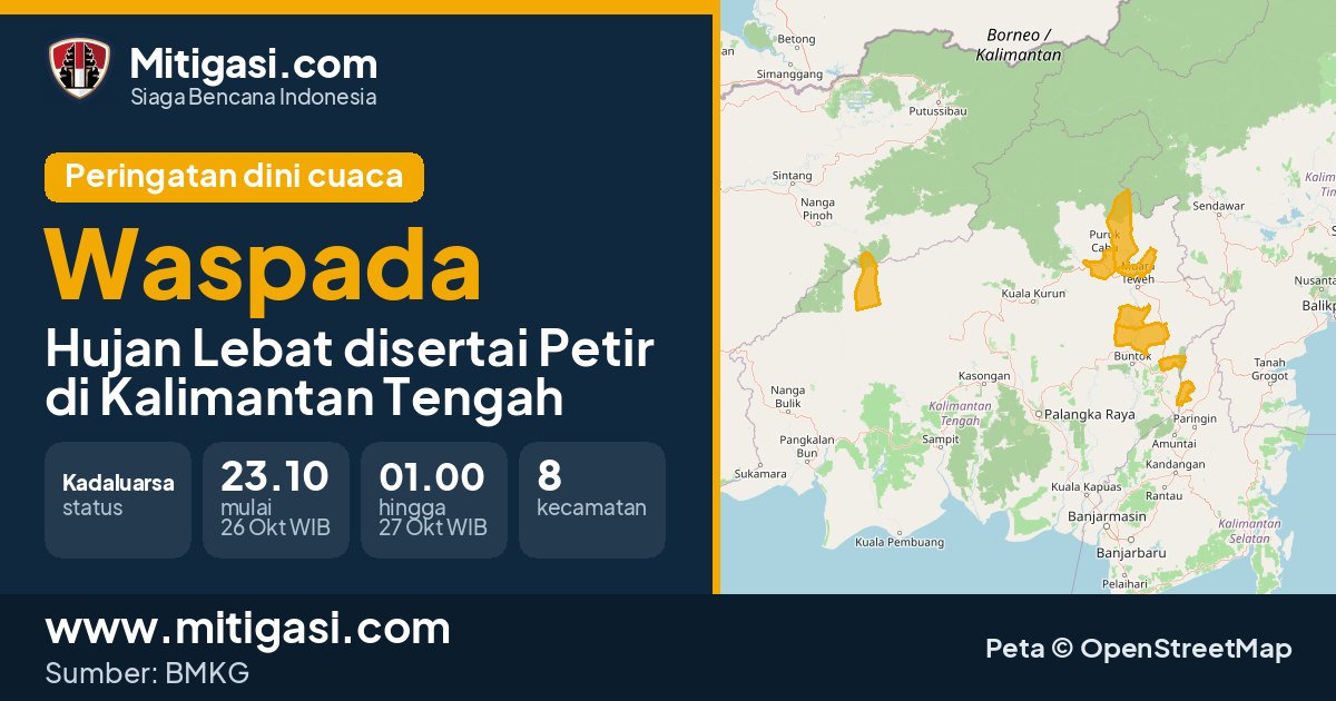Peringatan dini cuaca BMKG tingkat Waspada di Kalimantan Tengah. (Mitigasi.com/data BMKG)