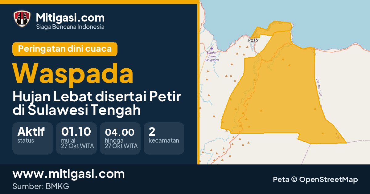 Peringatan dini cuaca BMKG tingkat Waspada di Sulawesi Tengah. (Mitigasi.com/data BMKG)