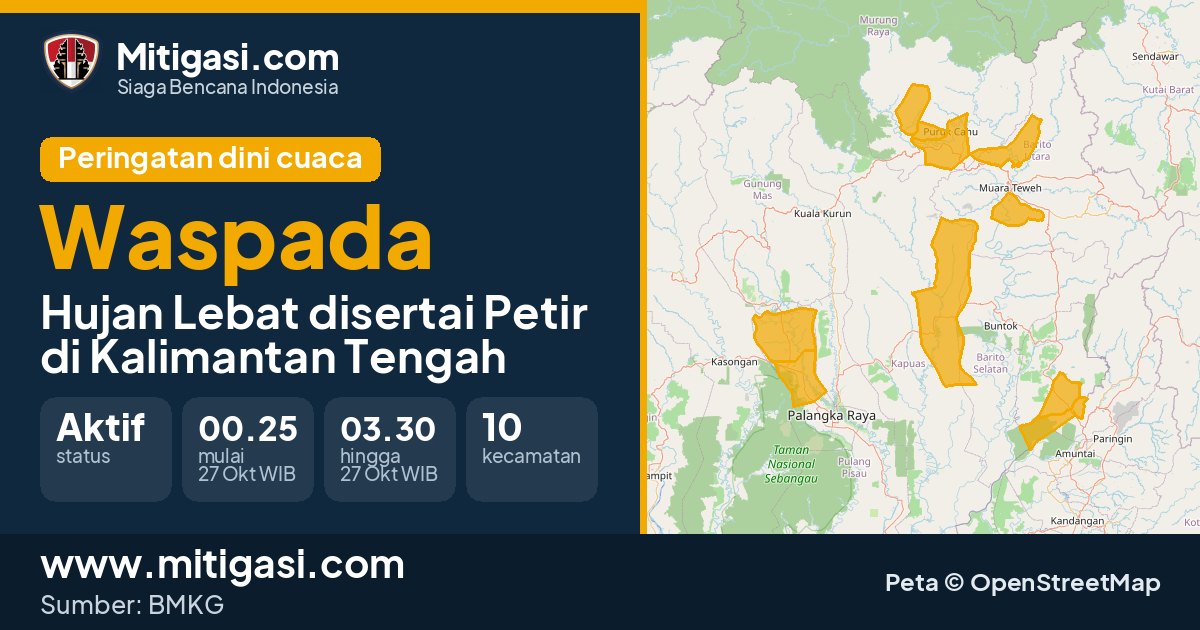 Peringatan dini cuaca BMKG tingkat Waspada di Kalimantan Tengah. (Mitigasi.com/data BMKG)