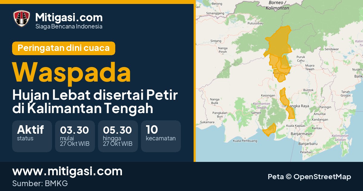 Peringatan dini cuaca BMKG tingkat Waspada di Kalimantan Tengah. (Mitigasi.com/data BMKG)