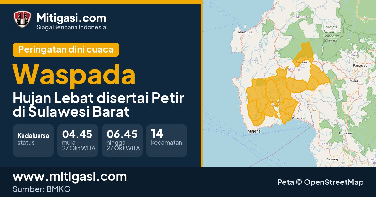 Peringatan dini cuaca BMKG tingkat Waspada di Sulawesi Barat. (Mitigasi.com/data BMKG)