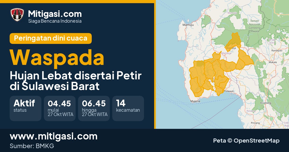 Peringatan dini cuaca BMKG tingkat Waspada di Sulawesi Barat. (Mitigasi.com/data BMKG)