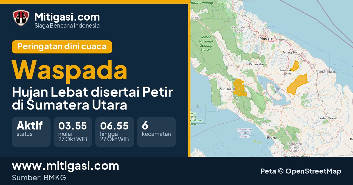 Peringatan dini cuaca BMKG tingkat Waspada di Sumatera Utara. (Mitigasi.com/data BMKG)