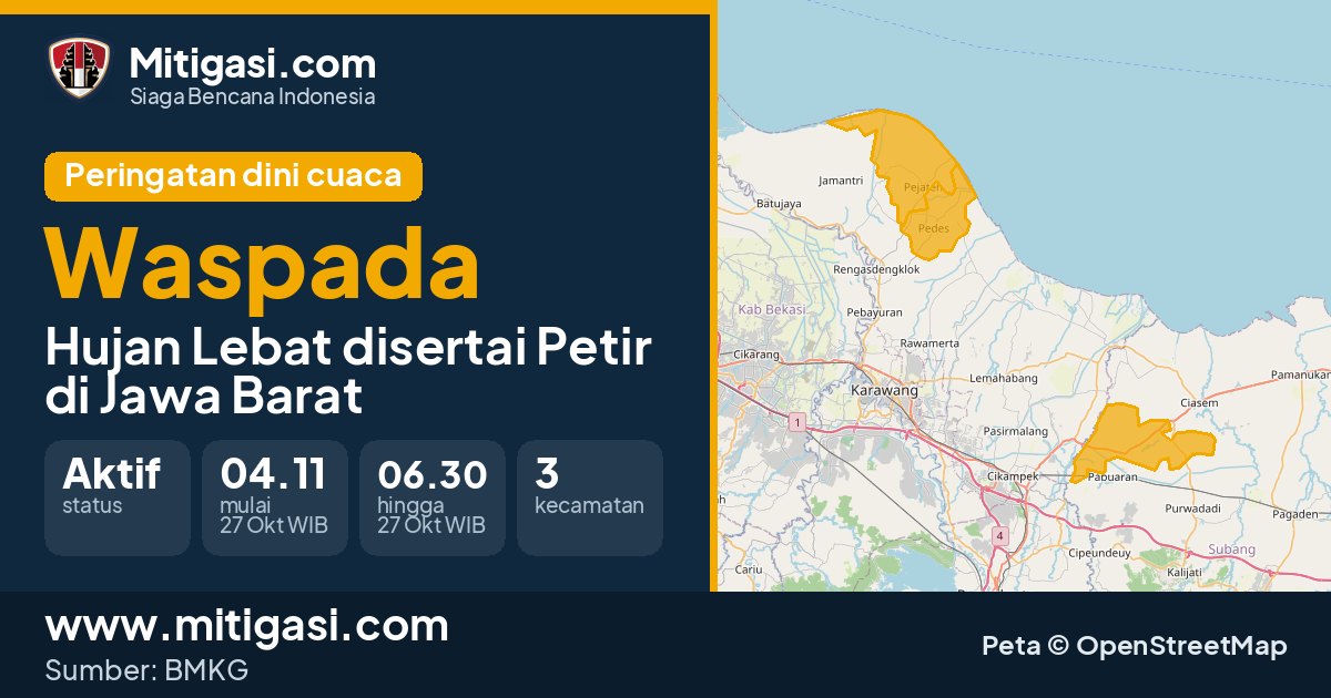Peringatan dini cuaca BMKG tingkat Waspada di Jawa Barat. (Mitigasi.com/data BMKG)