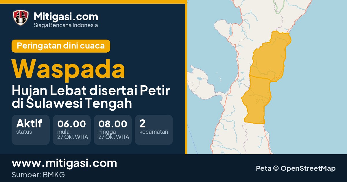 Peringatan dini cuaca BMKG tingkat Waspada di Sulawesi Tengah. (Mitigasi.com/data BMKG)