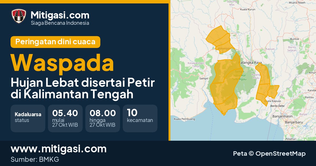 Peringatan dini cuaca BMKG tingkat Waspada di Kalimantan Tengah. (Mitigasi.com/data BMKG)