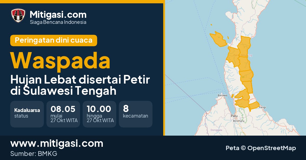 Peringatan dini cuaca BMKG tingkat Waspada di Sulawesi Tengah. (Mitigasi.com/data BMKG)