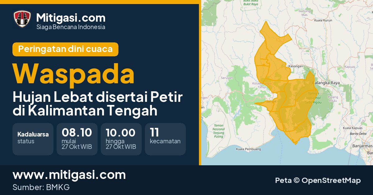 Peringatan dini cuaca BMKG tingkat Waspada di Kalimantan Tengah. (Mitigasi.com/data BMKG)