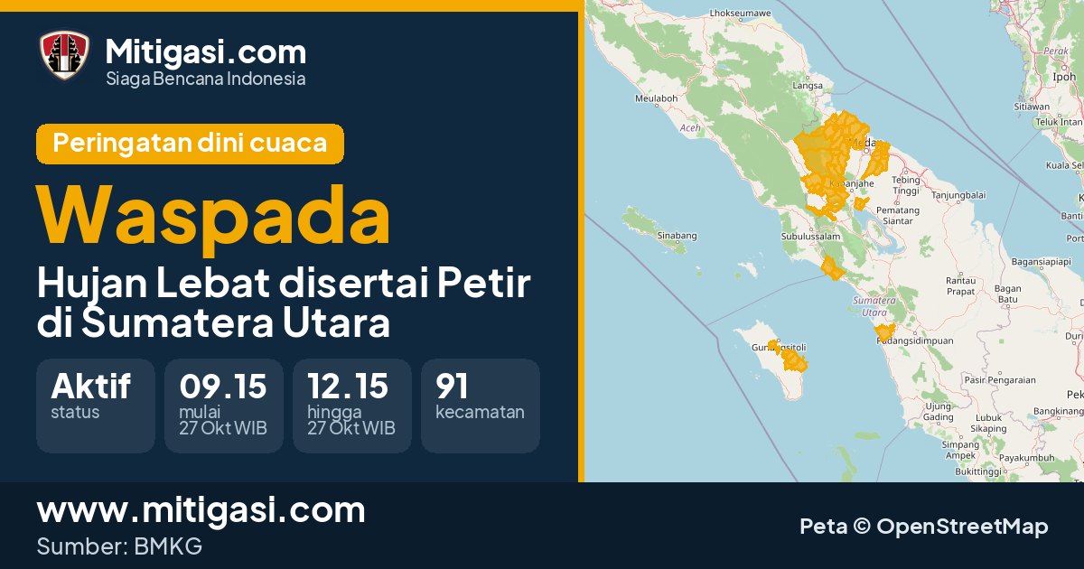 Peringatan dini cuaca BMKG tingkat Waspada di Sumatera Utara. (Mitigasi.com/data BMKG)