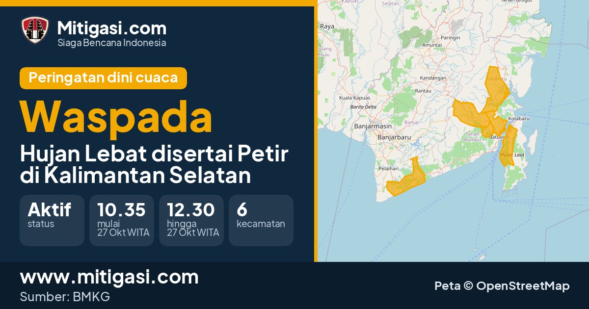 Peringatan dini cuaca BMKG tingkat Waspada di Kalimantan Selatan. (Mitigasi.com/data BMKG)