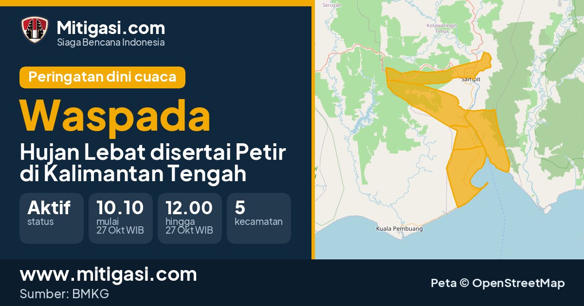 Peringatan dini cuaca BMKG tingkat Waspada di Kalimantan Tengah. (Mitigasi.com/data BMKG)
