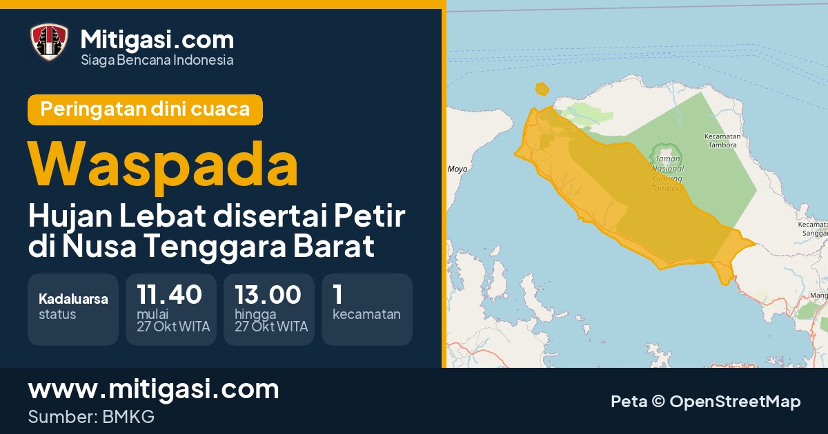 Peringatan dini cuaca BMKG tingkat Waspada di Nusa Tenggara Barat. (Mitigasi.com/data BMKG)