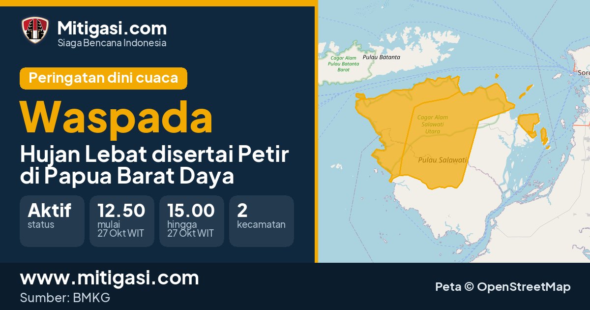 Peringatan dini cuaca BMKG tingkat Waspada di Papua Barat Daya. (Mitigasi.com/data BMKG)