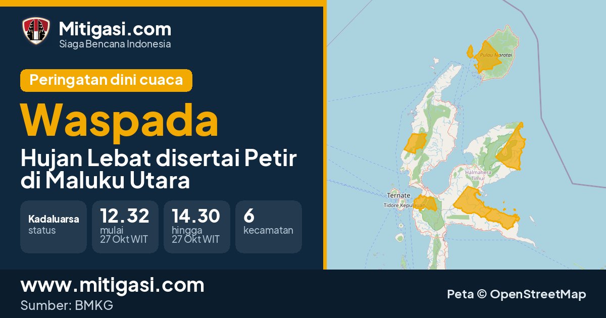 Peringatan dini cuaca BMKG tingkat Waspada di Maluku Utara. (Mitigasi.com/data BMKG)