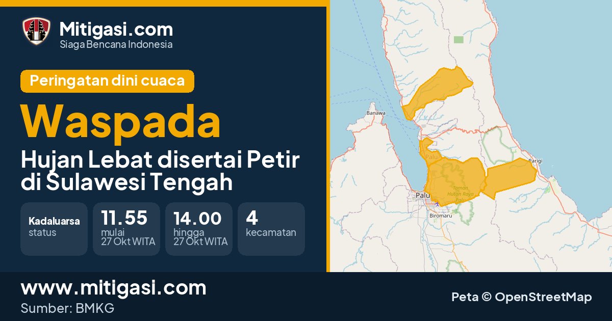 Peringatan dini cuaca BMKG tingkat Waspada di Sulawesi Tengah. (Mitigasi.com/data BMKG)