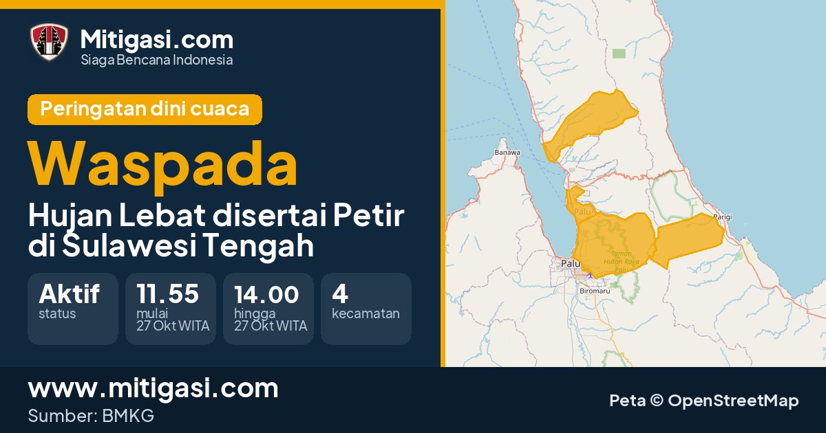 Peringatan dini cuaca BMKG tingkat Waspada di Sulawesi Tengah. (Mitigasi.com/data BMKG)