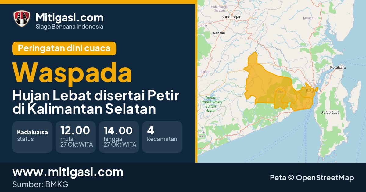 Peringatan dini cuaca BMKG tingkat Waspada di Kalimantan Selatan. (Mitigasi.com/data BMKG)