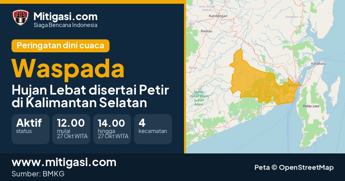 Peringatan dini cuaca BMKG tingkat Waspada di Kalimantan Selatan. (Mitigasi.com/data BMKG)