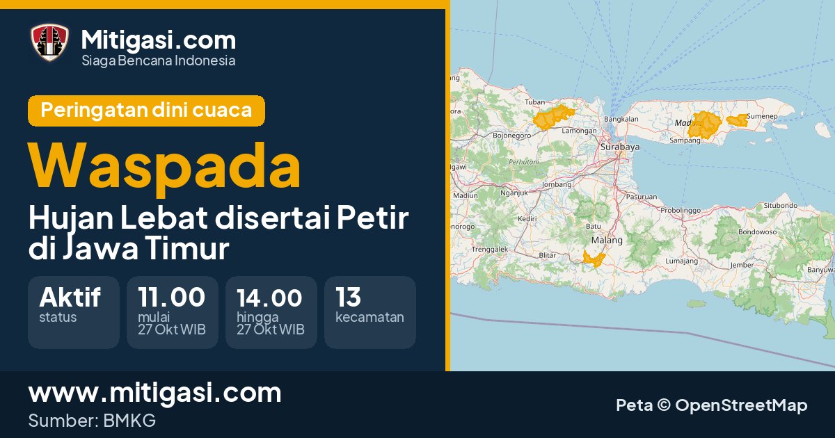 Peringatan dini cuaca BMKG tingkat Waspada di Jawa Timur. (Mitigasi.com/data BMKG)