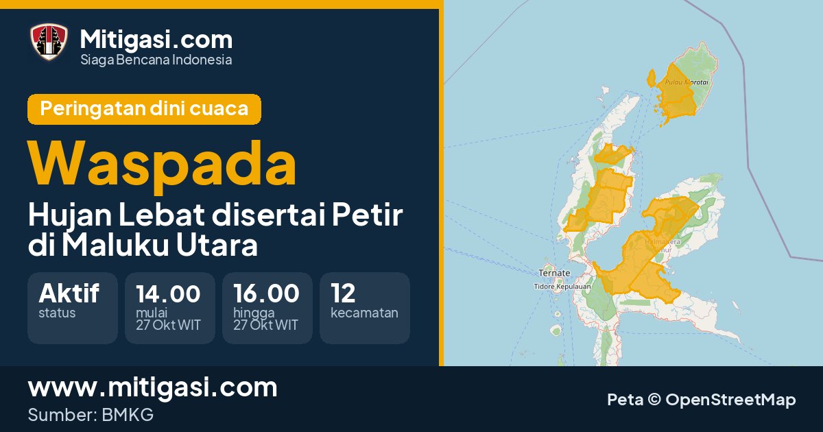 Peringatan dini cuaca BMKG tingkat Waspada di Maluku Utara. (Mitigasi.com/data BMKG)