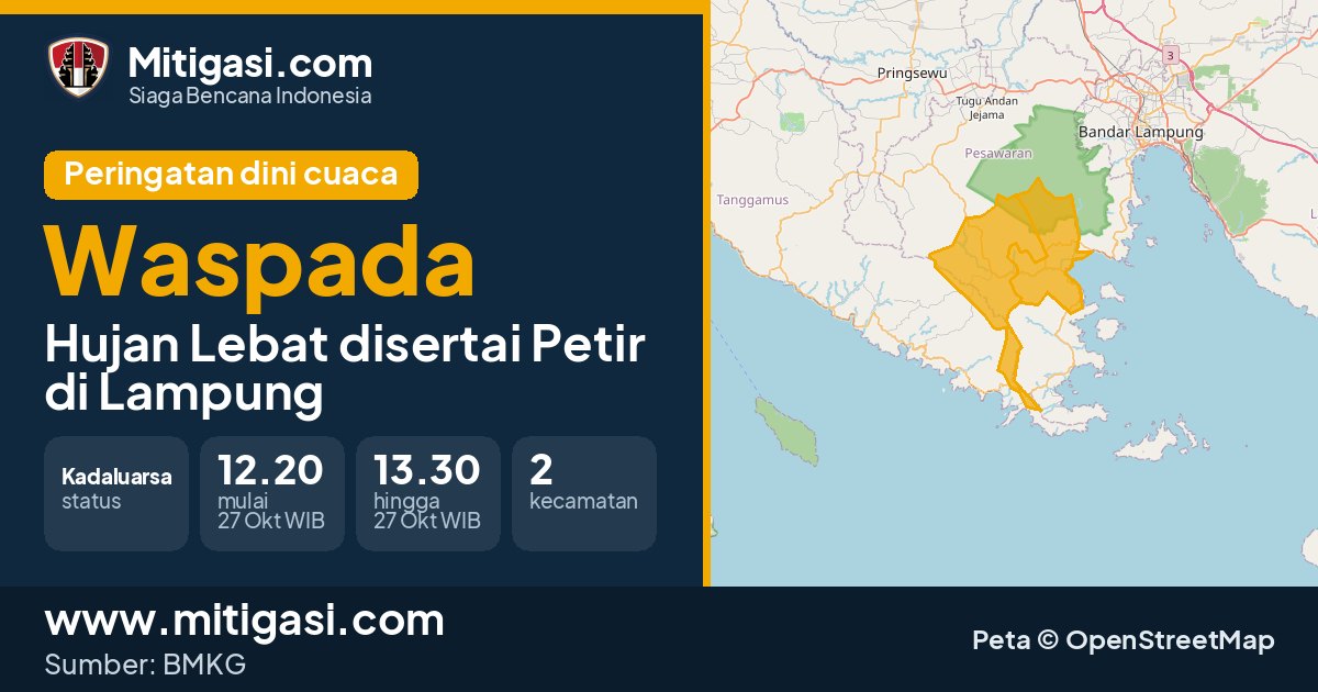 Peringatan dini cuaca BMKG tingkat Waspada di Lampung. (Mitigasi.com/data BMKG)