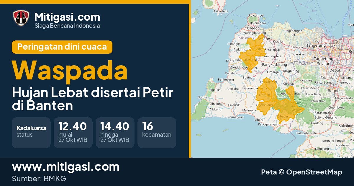 Peringatan dini cuaca BMKG tingkat Waspada di Banten. (Mitigasi.com/data BMKG)