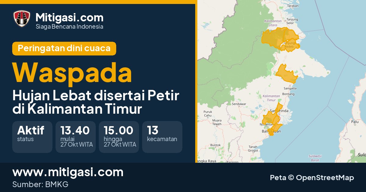Peringatan dini cuaca BMKG tingkat Waspada di Kalimantan Timur. (Mitigasi.com/data BMKG)