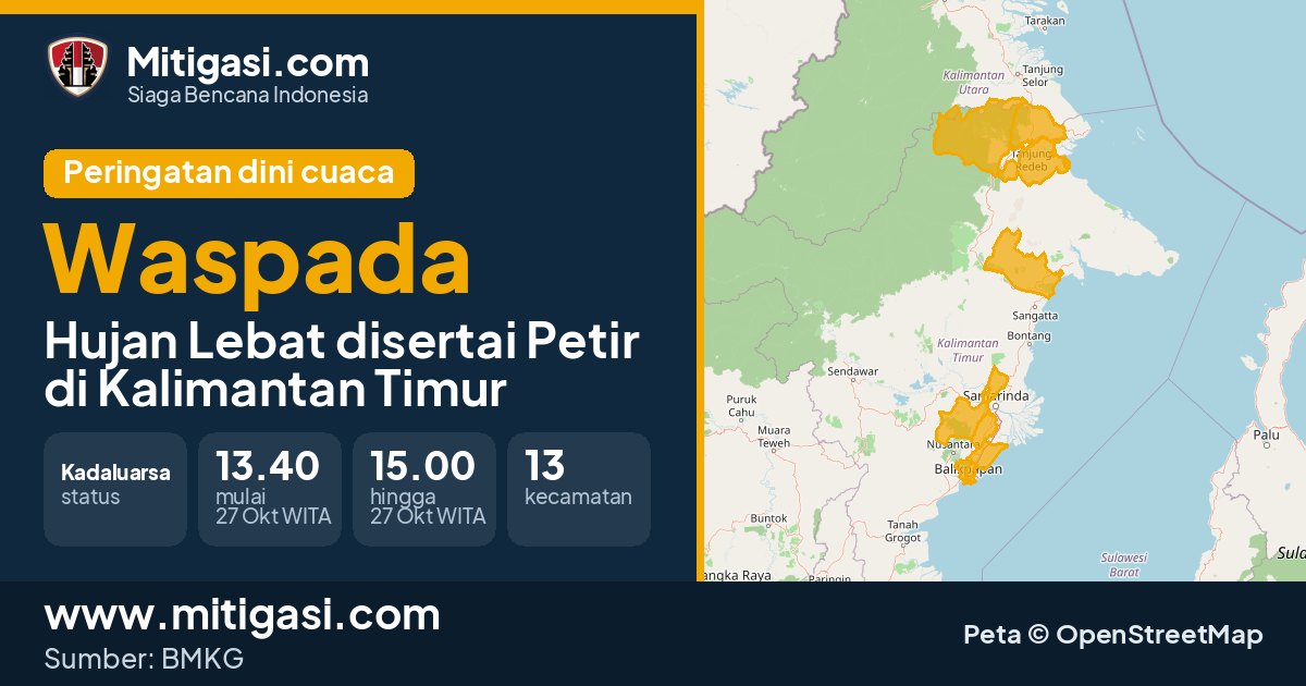 Peringatan dini cuaca BMKG tingkat Waspada di Kalimantan Timur. (Mitigasi.com/data BMKG)