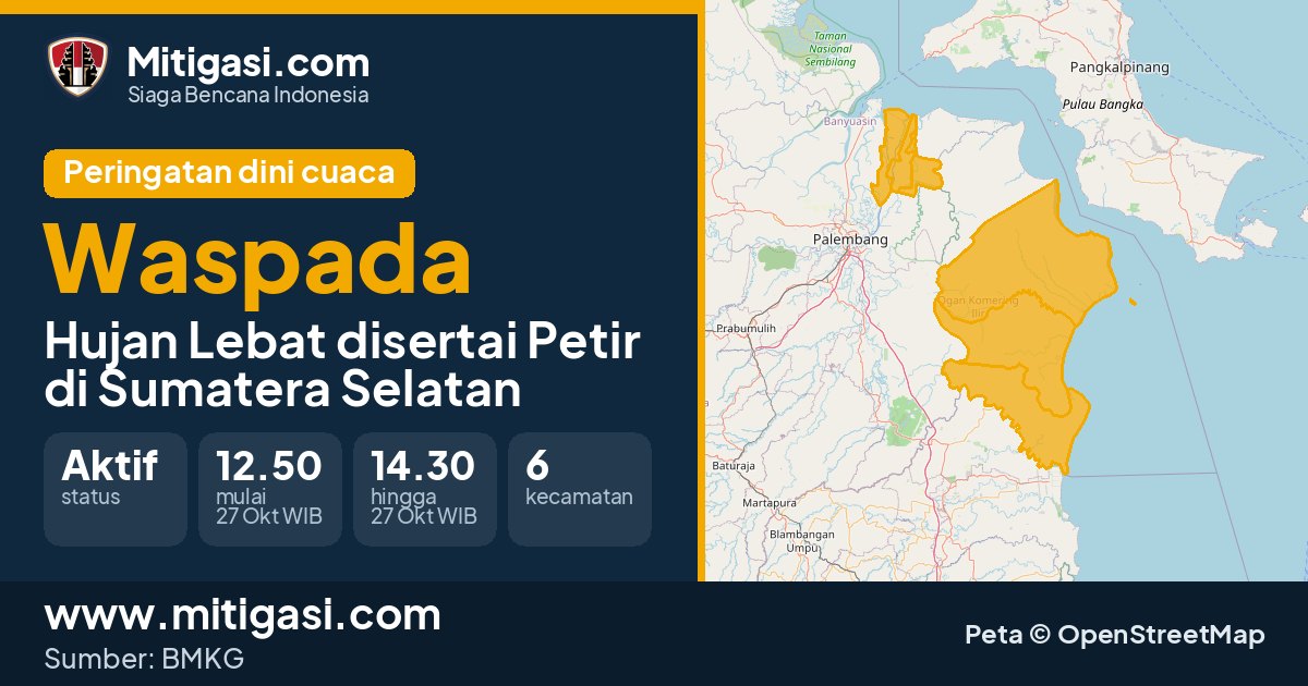 Peringatan dini cuaca BMKG tingkat Waspada di Sumatera Selatan. (Mitigasi.com/data BMKG)