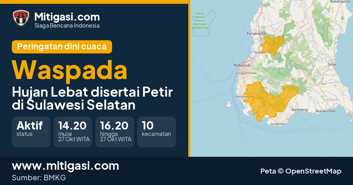 Peringatan dini cuaca BMKG tingkat Waspada di Sulawesi Selatan. (Mitigasi.com/data BMKG)