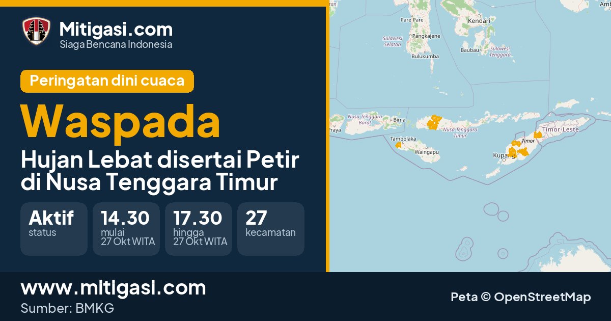 Peringatan dini cuaca BMKG tingkat Waspada di Nusa Tenggara Timur. (Mitigasi.com/data BMKG)