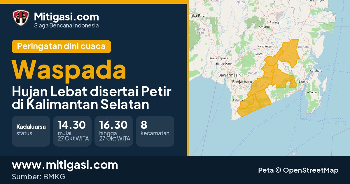 Peringatan dini cuaca BMKG tingkat Waspada di Kalimantan Selatan. (Mitigasi.com/data BMKG)